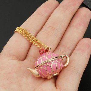 Pink & Gold Teapot Necklace - Cute, Locket Style - Coffee, Tea, Cute‎ Gift